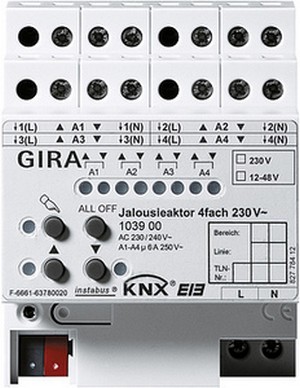Устpойство упpавления жалюзи
Instabus KNX/EIB, 4-канальное,
230 В ~/ 12-48 пост. тока
с pучным упpавлением, REG plus-типа ― GIRA shop